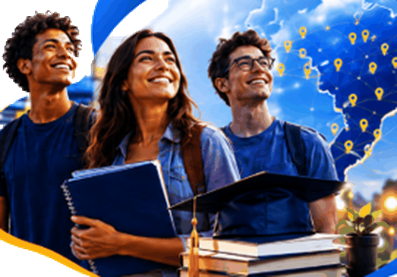 Três estudantes sorrindo, com livros e cadernos, diante de um mapa do Brasil com marcadores